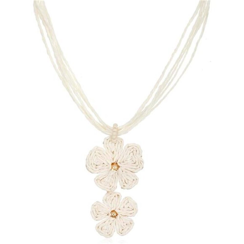 Boho Woven Flower Necklace – Natural Handmade Raffia Pendant Jewelry